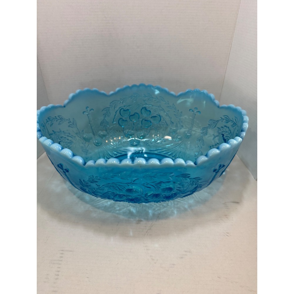 Fenton Blue Opalescent Glass Bowl Cherry Chain Scalloped Oval Centerpiece